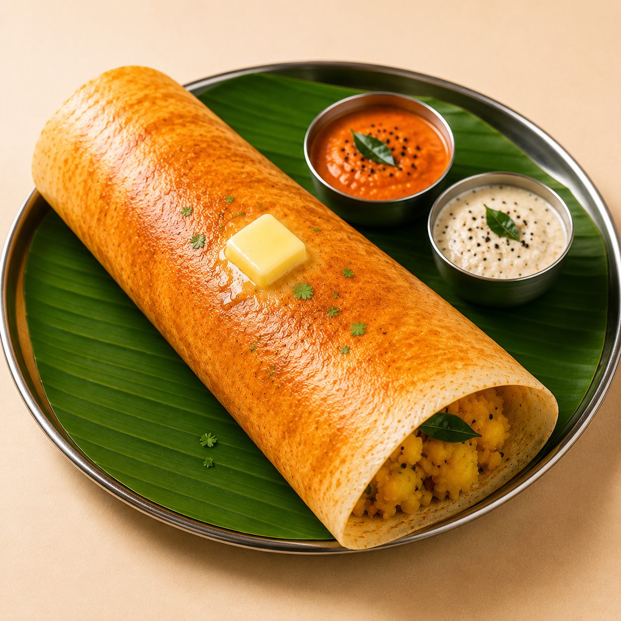 Butter masala dosa, golden and crisp