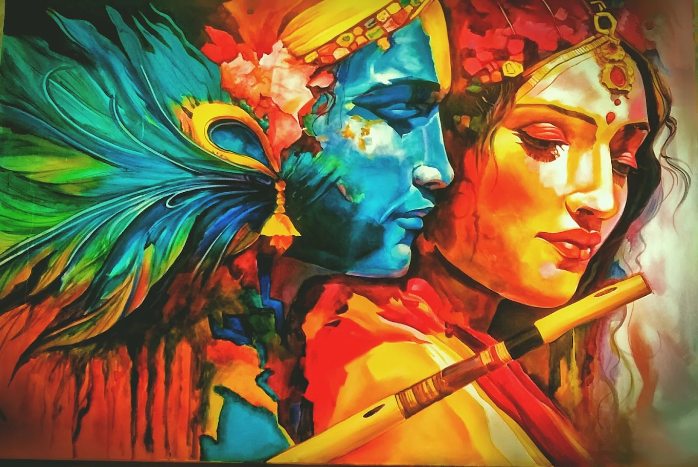 A vivid Radha-Krishna painting on the restaurant wall
